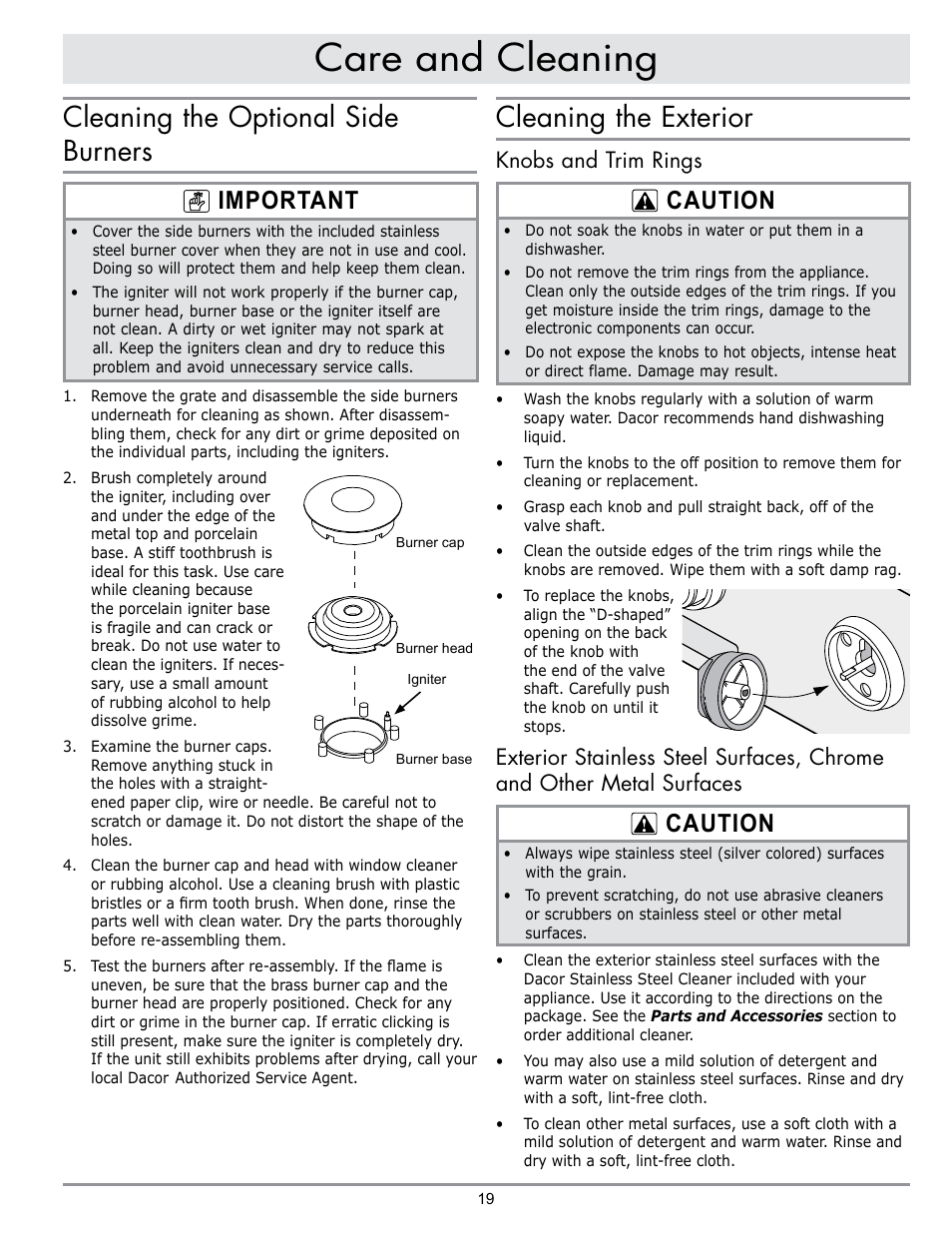 Care and cleaning, Cleaning the optional side burners, Cleaning the exterior | Important, Caution, Knobs and trim rings | Dacor OB52 User Manual | Page 48 / 55
