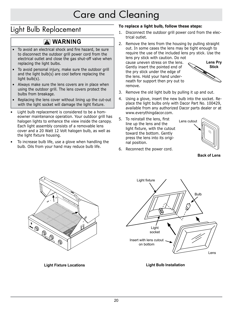 Care and cleaning, Light bulb replacement, Warning | Dacor OB52 User Manual | Page 49 / 55
