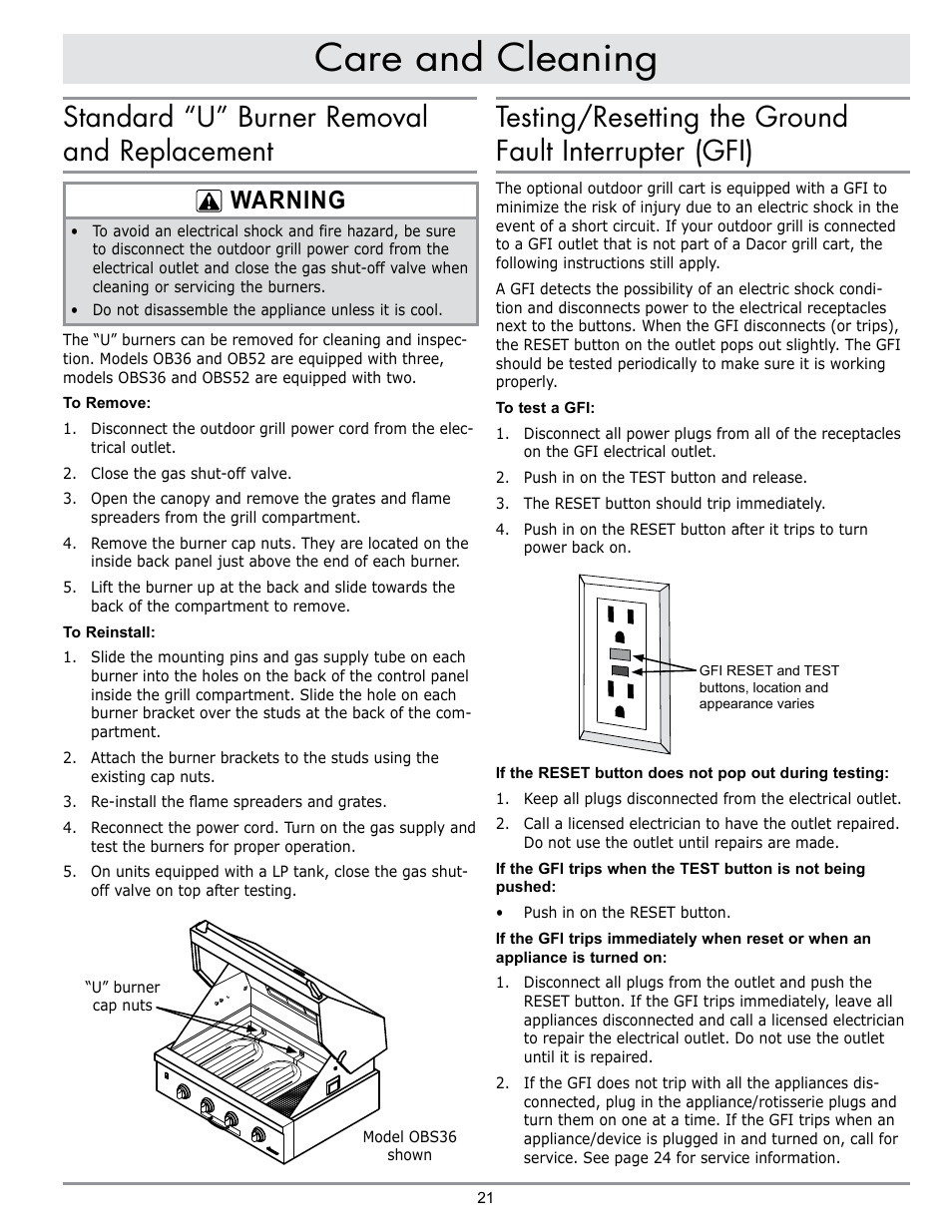 Care and cleaning, Standard “u” burner removal and replacement, Warning | Dacor OB52 User Manual | Page 50 / 55