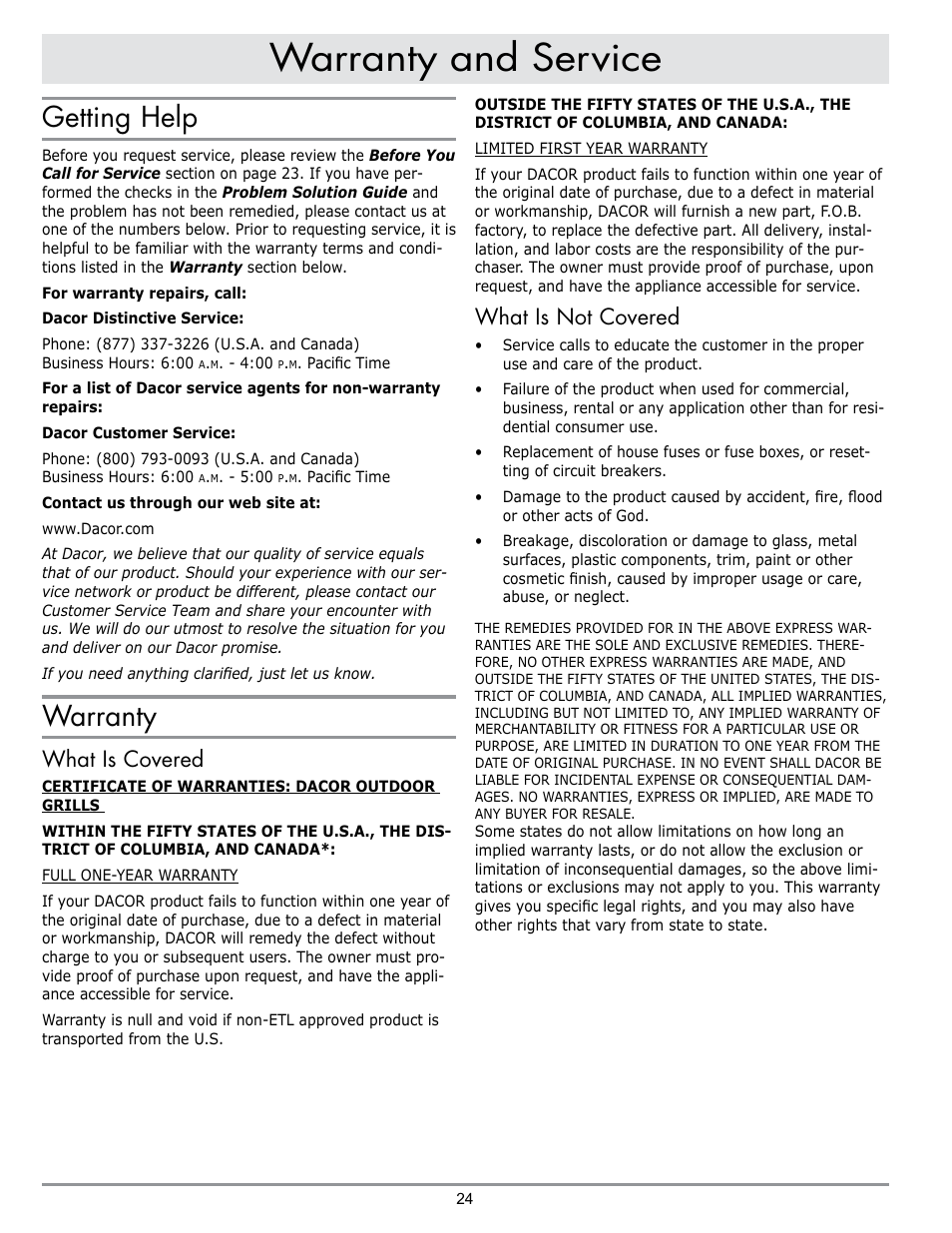 Warranty and service, Getting help, Warranty | What is covered, What is not covered | Dacor OB52 User Manual | Page 53 / 55