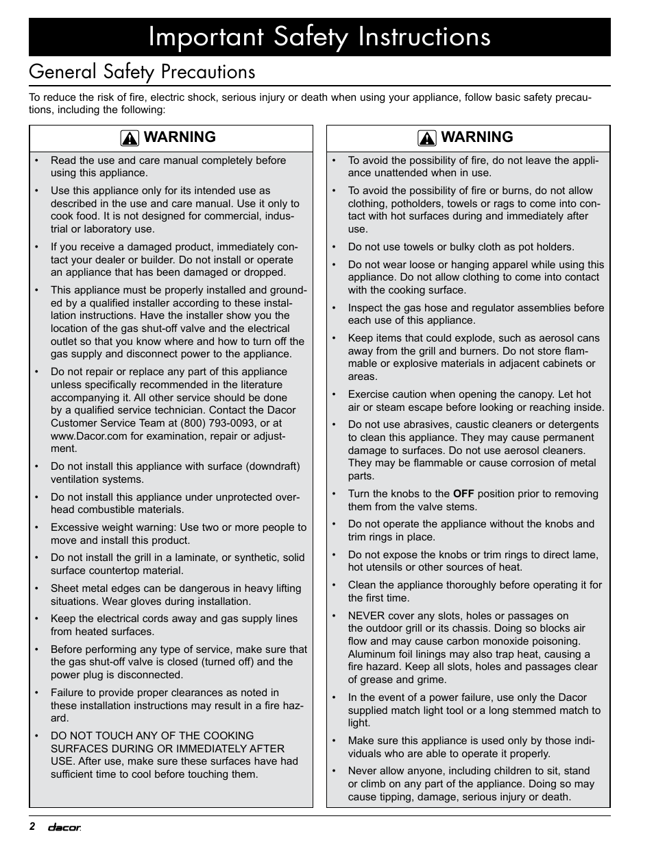 Important safety instructions, General safety precautions, Warning | Dacor OB52 User Manual | Page 7 / 55
