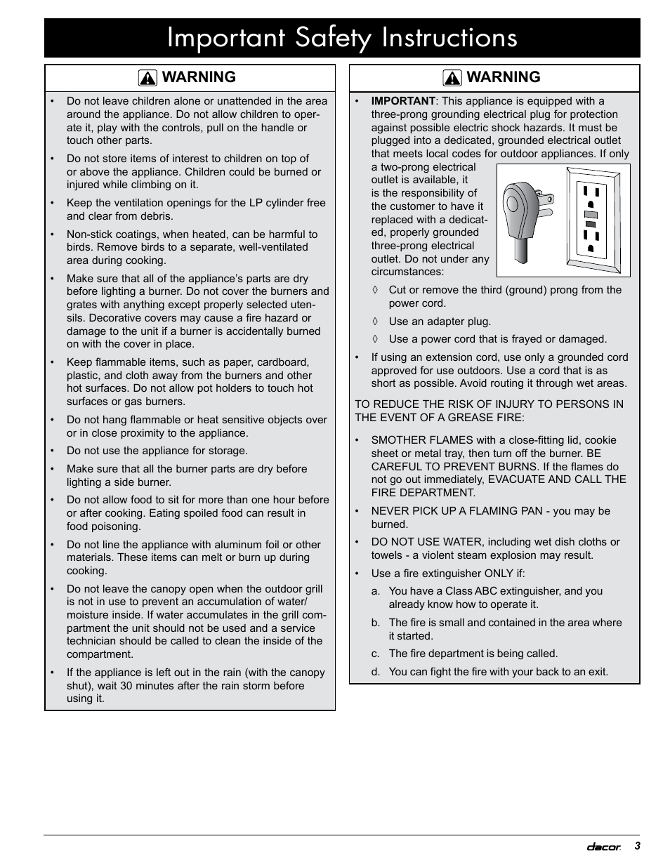 Important safety instructions, Warning | Dacor OB52 User Manual | Page 8 / 55