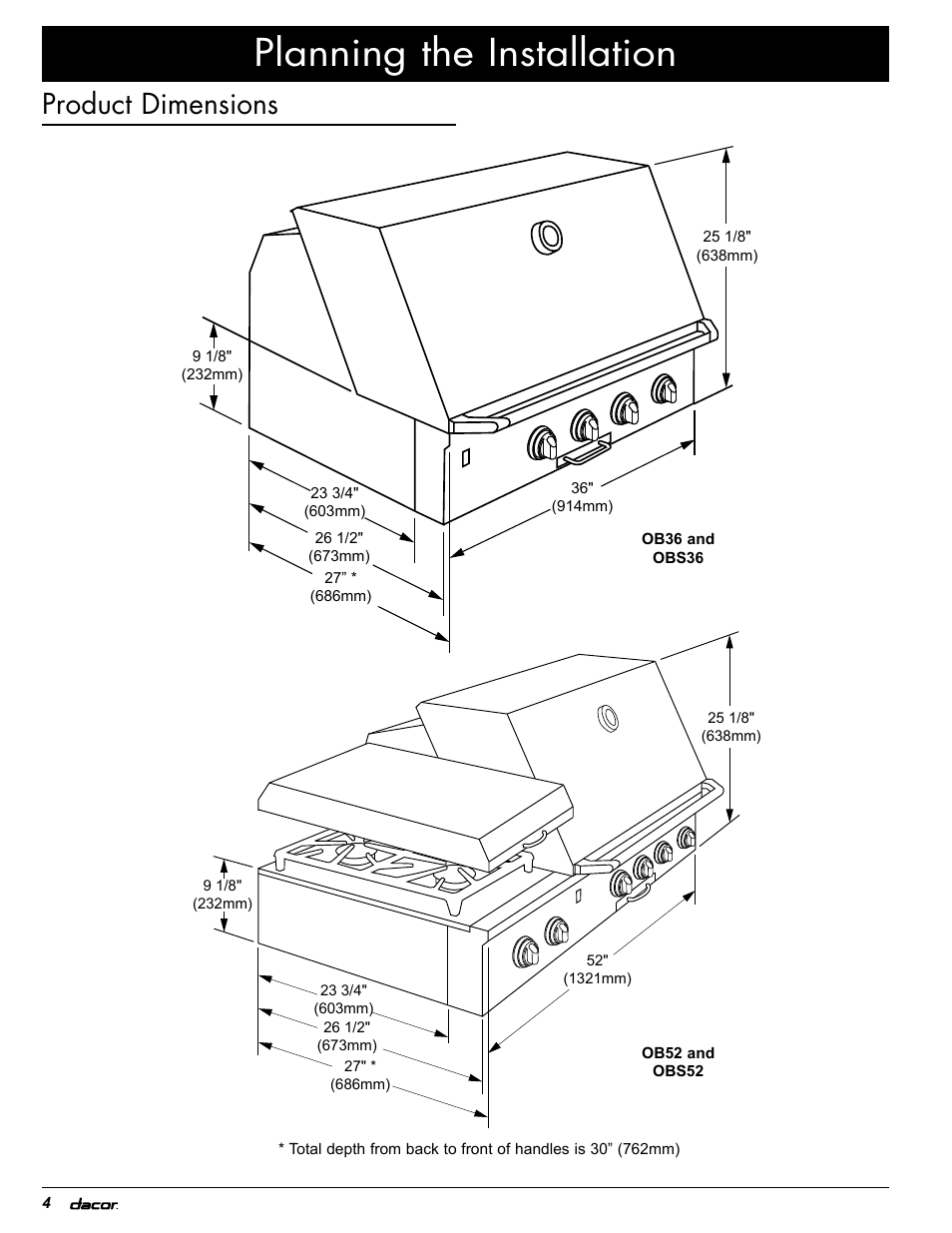 Planning the installation, Product dimensions | Dacor OB52 User Manual | Page 9 / 55