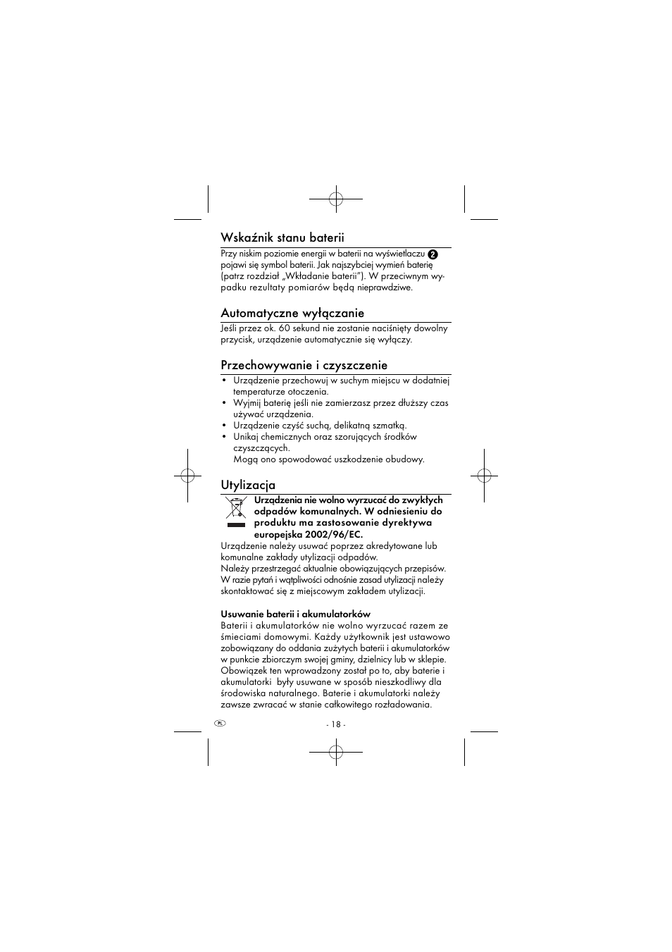Wskaźnik stanu baterii, Automatyczne wyłączanie, Przechowywanie i czyszczenie | Utylizacja | Powerfix KH 2927-2 User Manual | Page 21 / 73
