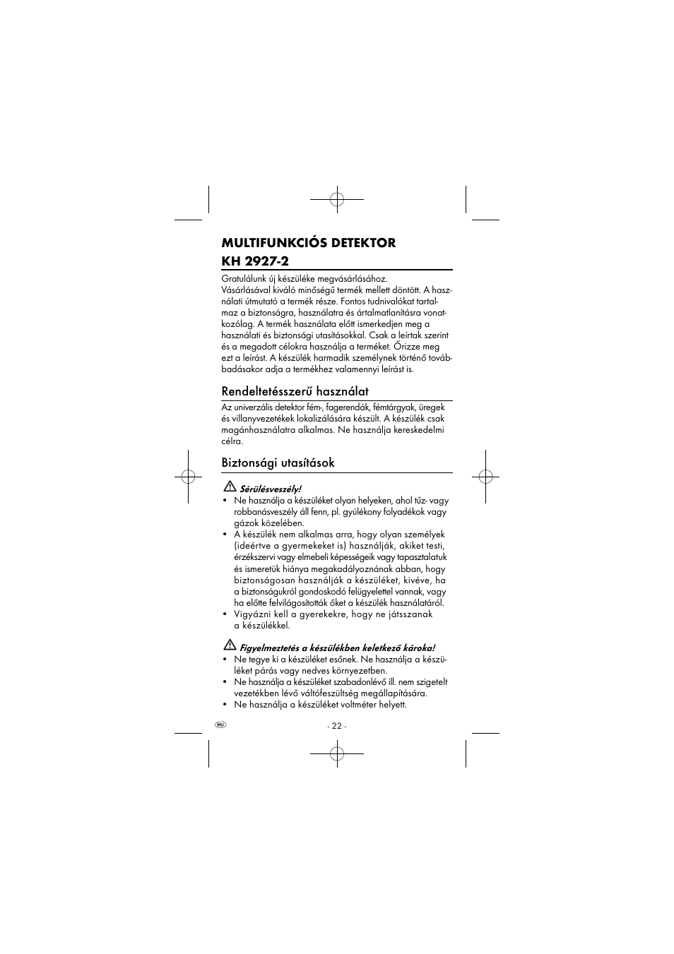 Rendeltetésszerű használat, Biztonsági utasítások | Powerfix KH 2927-2 User Manual | Page 25 / 73