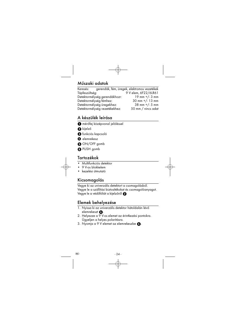 Műszaki adatok, A készülék leírása, Tartozékok | Kicsomagolás, Elemek behelyezése | Powerfix KH 2927-2 User Manual | Page 27 / 73