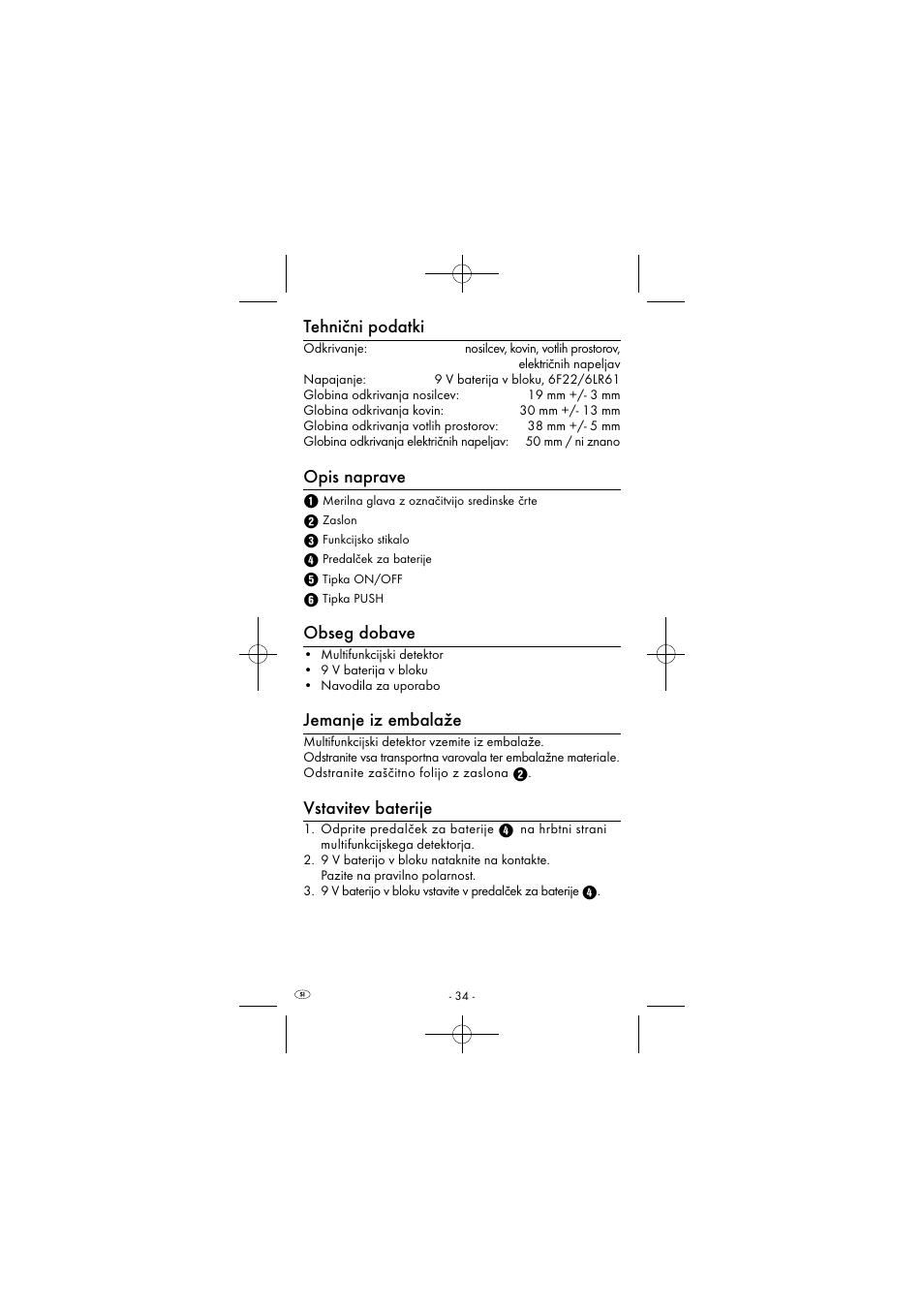 Tehnični podatki, Opis naprave, Obseg dobave | Jemanje iz embalaže, Vstavitev baterije | Powerfix KH 2927-2 User Manual | Page 37 / 73
