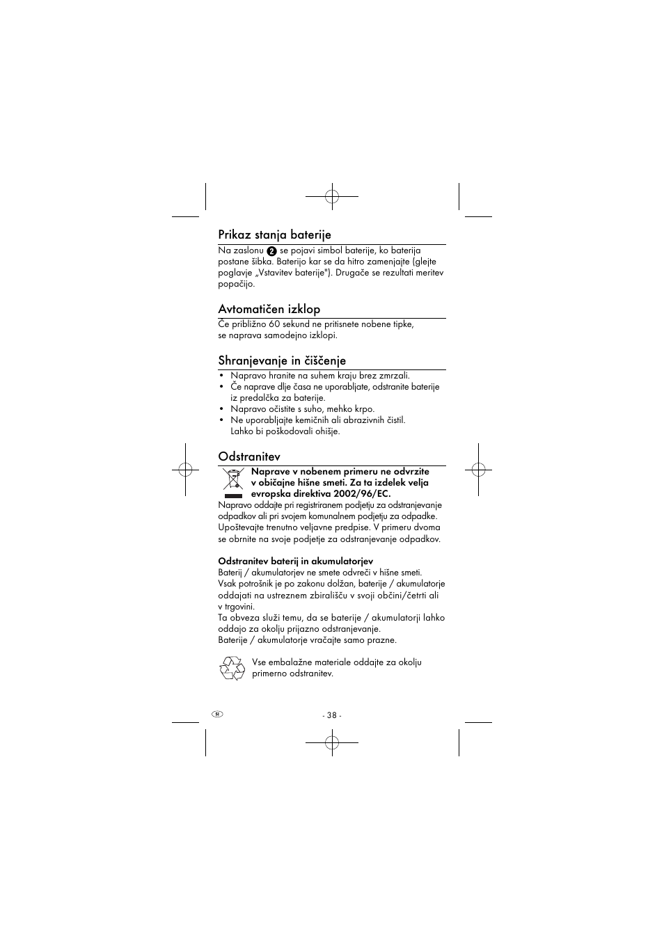 Prikaz stanja baterije, Avtomatičen izklop, Shranjevanje in čiščenje | Odstranitev | Powerfix KH 2927-2 User Manual | Page 41 / 73
