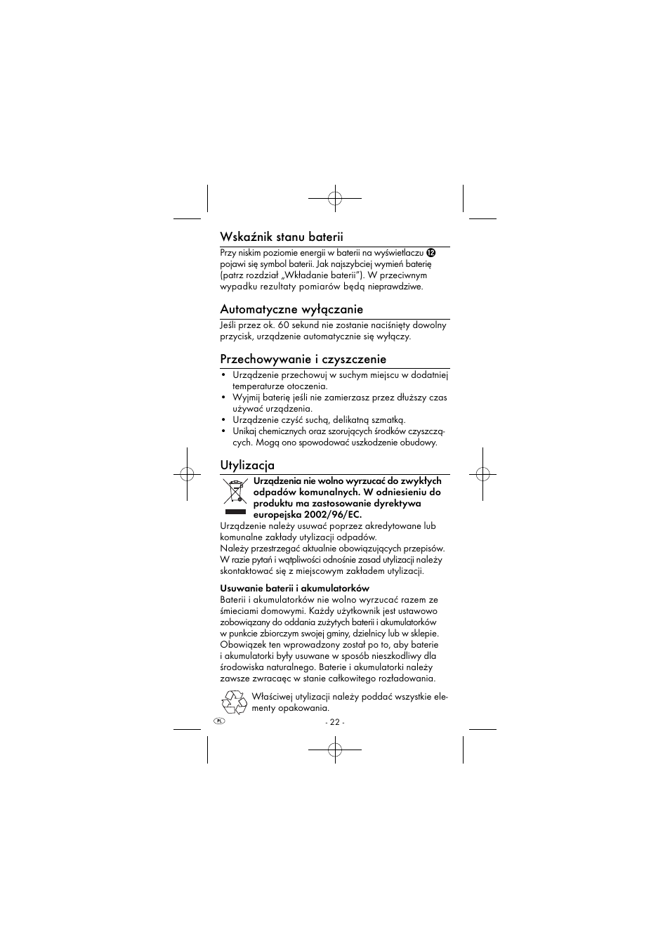 Wskaźnik stanu baterii, Automatyczne wyłączanie, Przechowywanie i czyszczenie | Utylizacja | Powerfix KH 2927-1 User Manual | Page 25 / 87