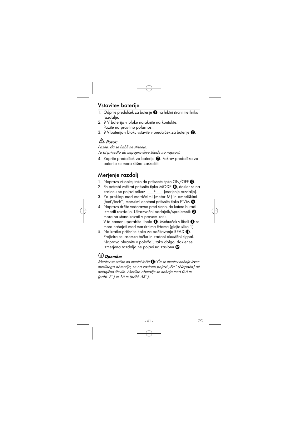 Vstavitev baterije, Merjenje razdalj | Powerfix KH 2927-1 User Manual | Page 44 / 87