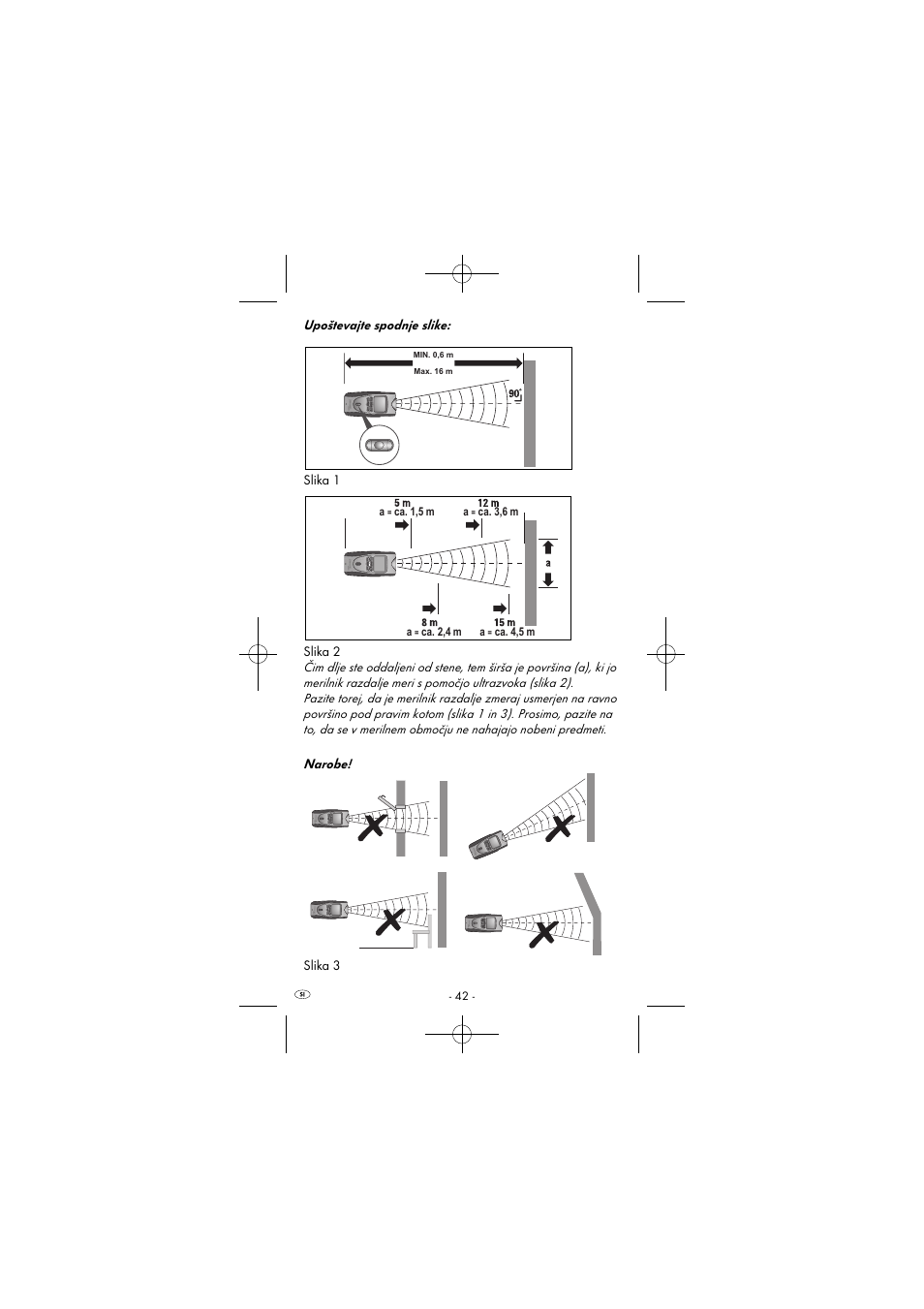 Upoštevajte spodnje slike: slika 1 slika 2, Narobe! slika 3, Ca. 1,5 m a | Ca. 3,6 m a, Ca. 2,4 m a, Ca. 4,5 m | Powerfix KH 2927-1 User Manual | Page 45 / 87