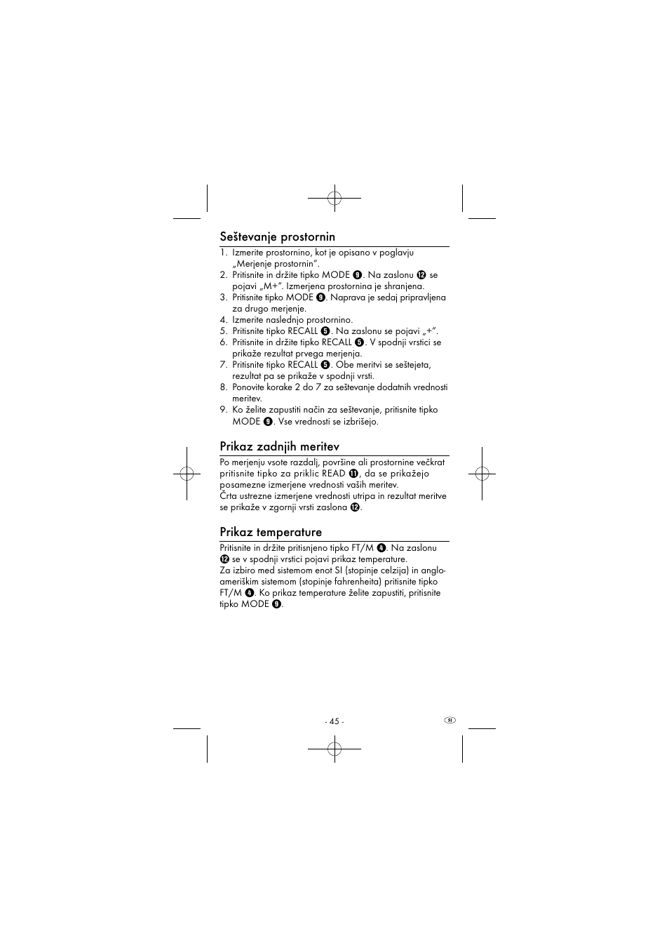 Seštevanje prostornin, Prikaz zadnjih meritev, Prikaz temperature | Powerfix KH 2927-1 User Manual | Page 48 / 87