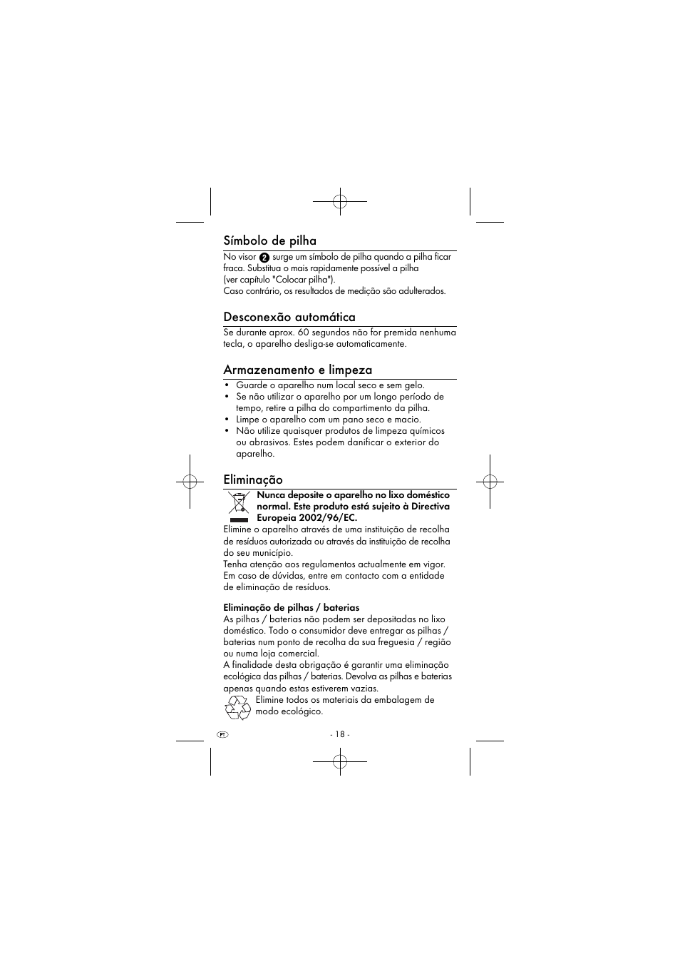 Símbolo de pilha, Desconexão automática, Armazenamento e limpeza | Eliminação | Powerfix KH 2927-2 User Manual | Page 21 / 43