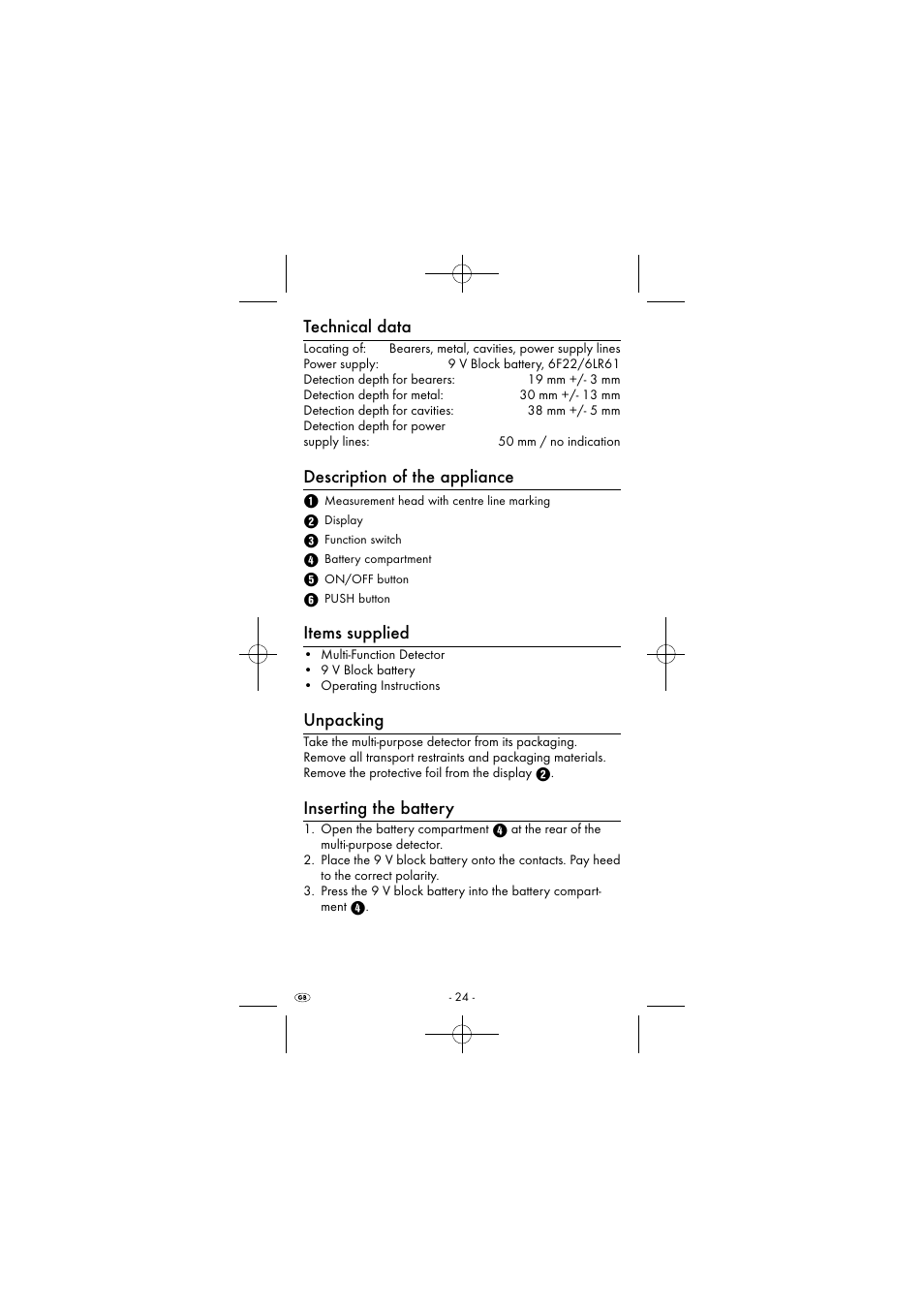Technical data, Description of the appliance, Items supplied | Unpacking, Inserting the battery | Powerfix KH 2927-2 User Manual | Page 27 / 43