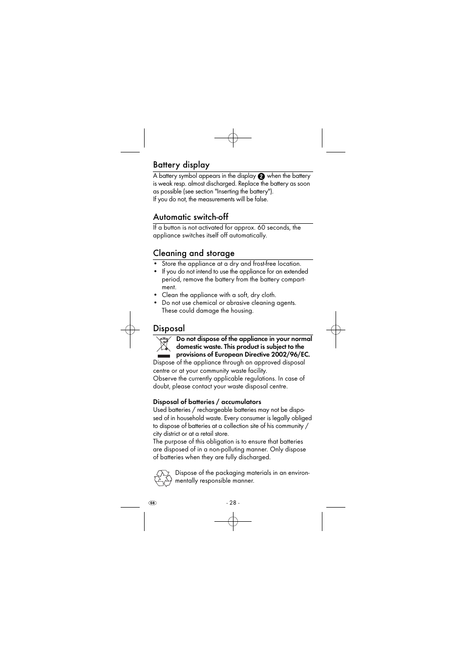 Battery display, Automatic switch-off, Cleaning and storage | Disposal | Powerfix KH 2927-2 User Manual | Page 31 / 43