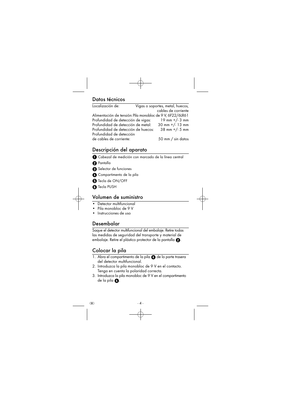 Datos técnicos, Descripción del aparato, Volumen de suministro | Desembalar, Colocar la pila | Powerfix KH 2927-2 User Manual | Page 7 / 43