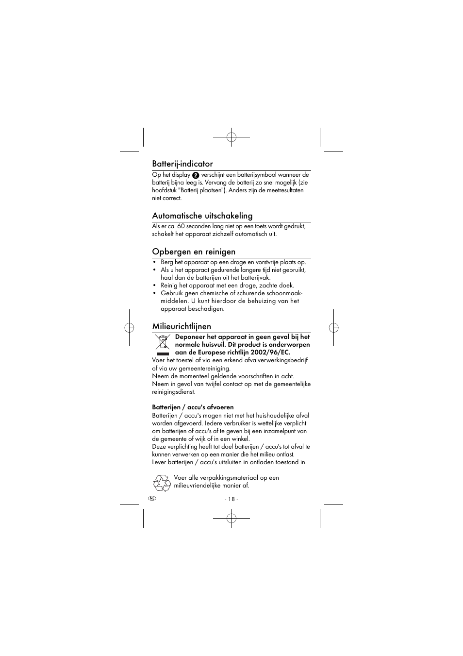 Batterij-indicator, Automatische uitschakeling, Opbergen en reinigen | Milieurichtlijnen | Powerfix KH 2927-2 User Manual | Page 21 / 43