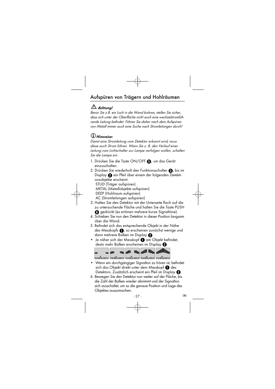 Aufspüren von trägern und hohlräumen | Powerfix KH 2927-2 User Manual | Page 30 / 43