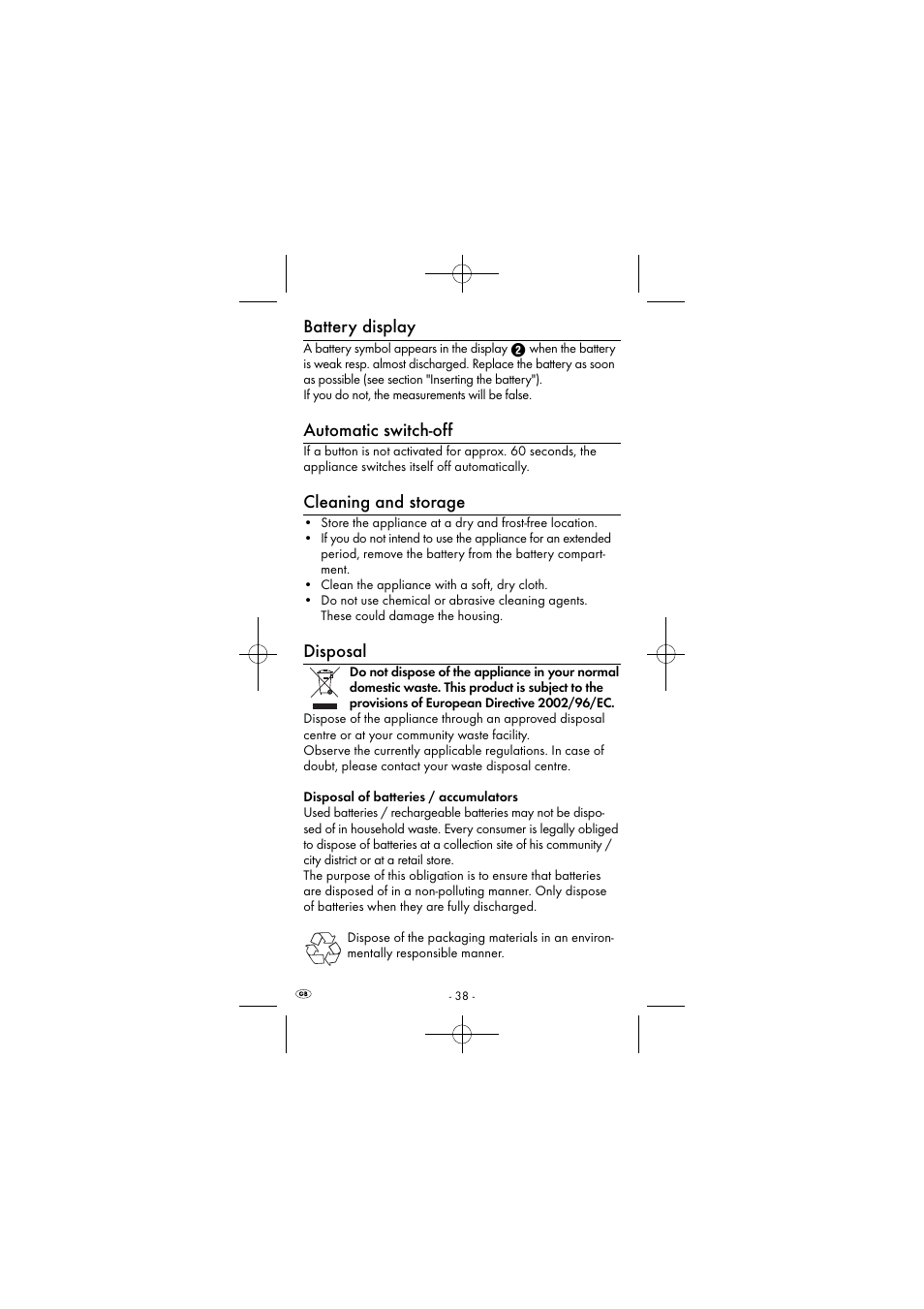 Battery display, Automatic switch-off, Cleaning and storage | Disposal | Powerfix KH 2927-2 User Manual | Page 41 / 43