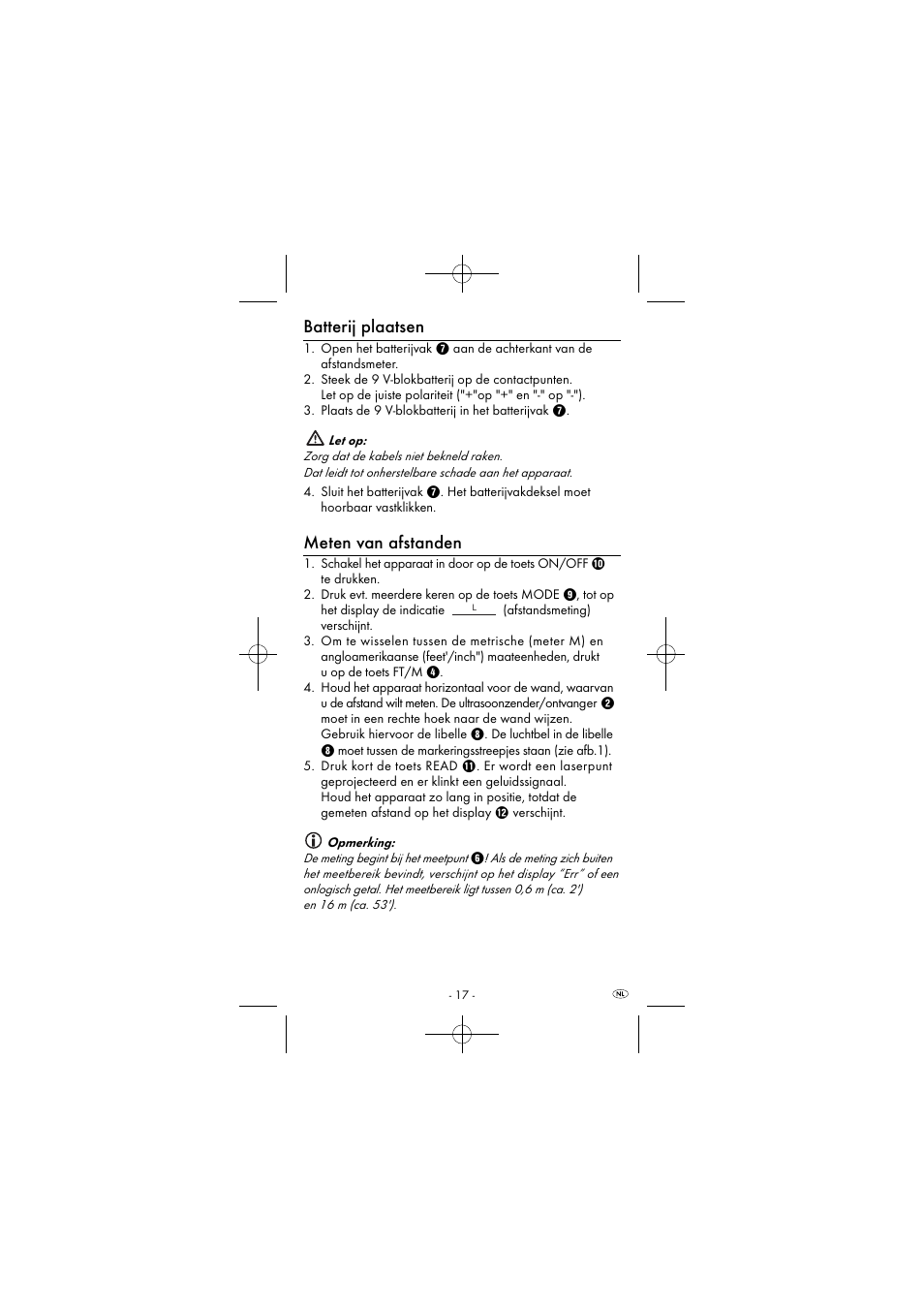 Batterij plaatsen, Meten van afstanden | Powerfix KH 2927-1 User Manual | Page 20 / 51