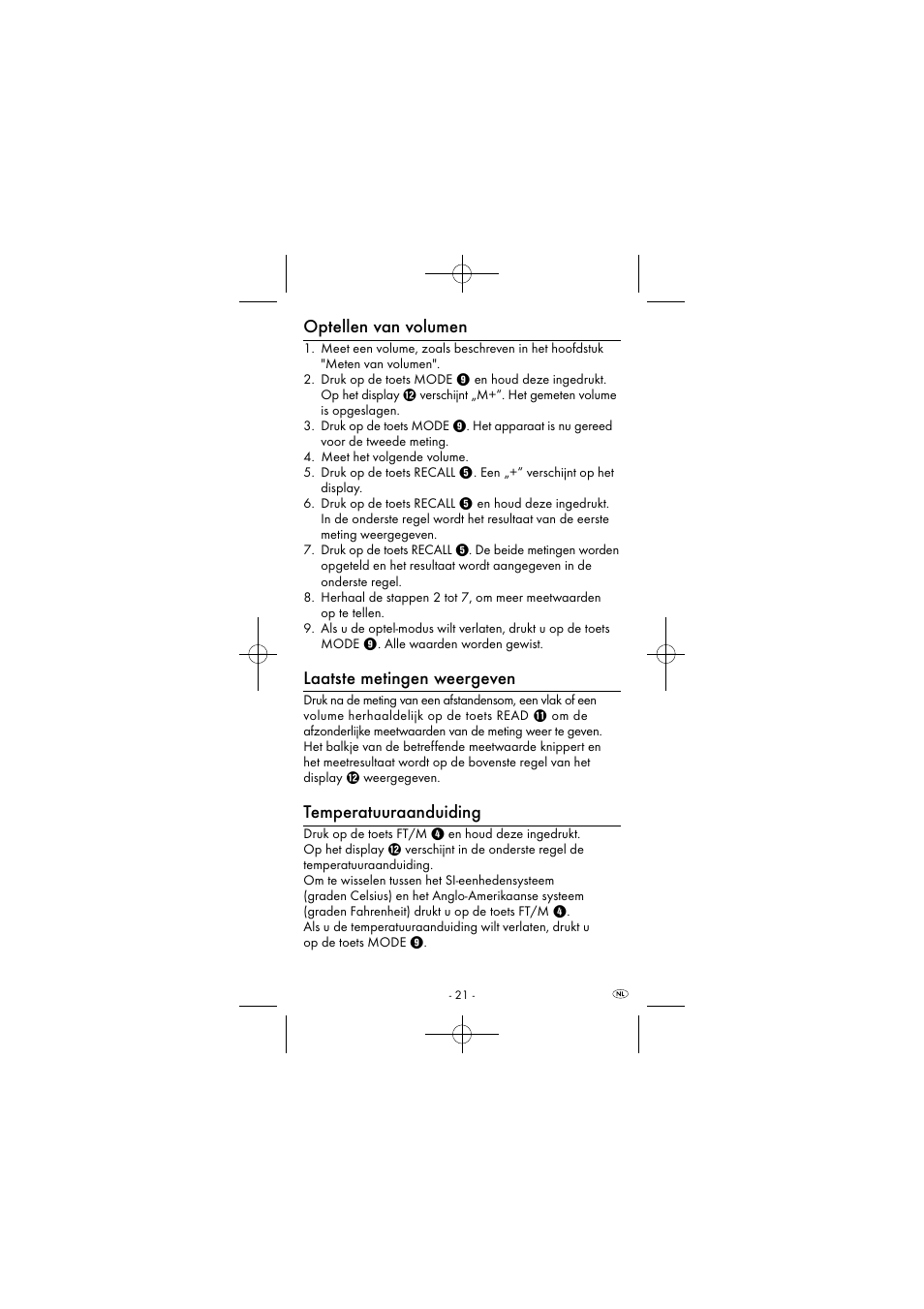 Optellen van volumen, Laatste metingen weergeven, Temperatuuraanduiding | Powerfix KH 2927-1 User Manual | Page 24 / 51