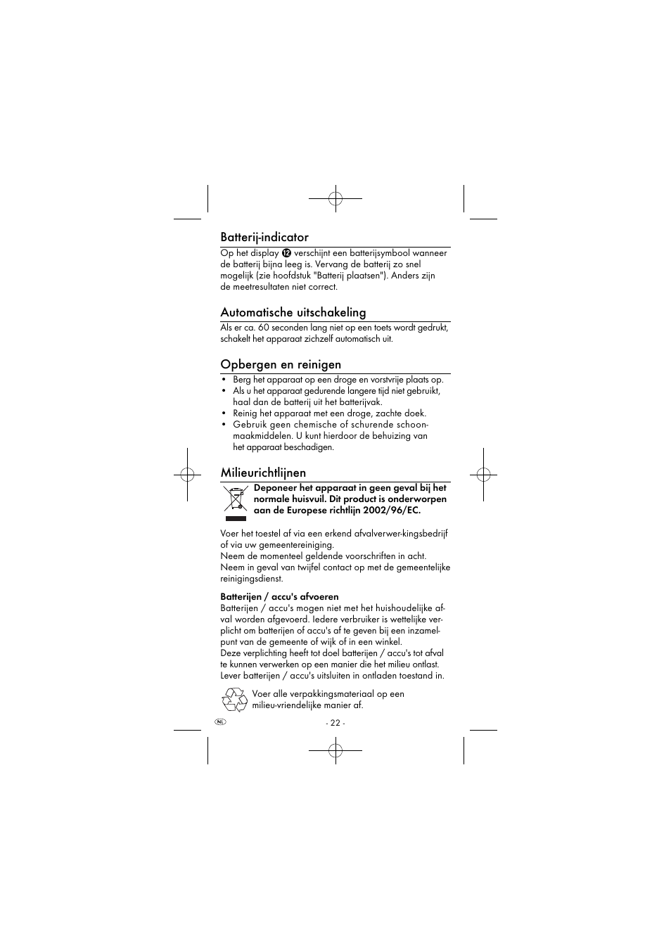 Batterij-indicator, Automatische uitschakeling, Opbergen en reinigen | Milieurichtlijnen | Powerfix KH 2927-1 User Manual | Page 25 / 51