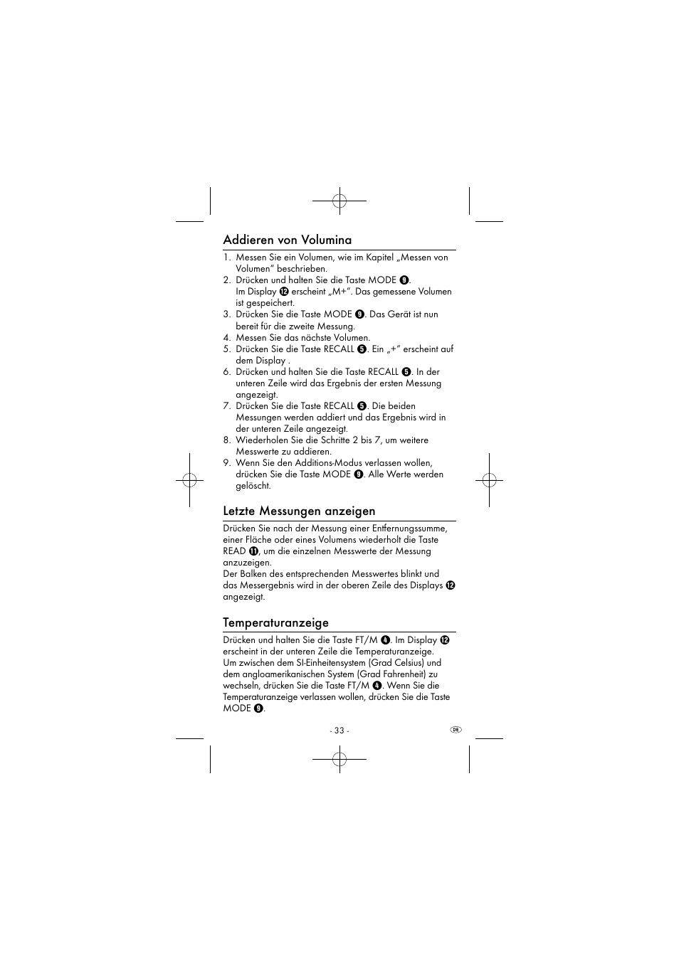 Addieren von volumina, Letzte messungen anzeigen, Temperaturanzeige | Powerfix KH 2927-1 User Manual | Page 36 / 51