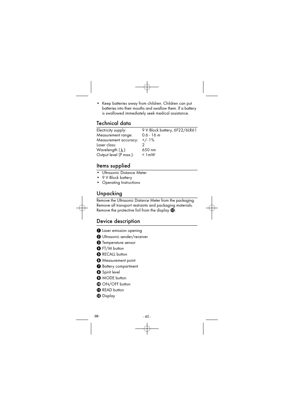 Technical data, Items supplied, Unpacking | Device description | Powerfix KH 2927-1 User Manual | Page 43 / 51