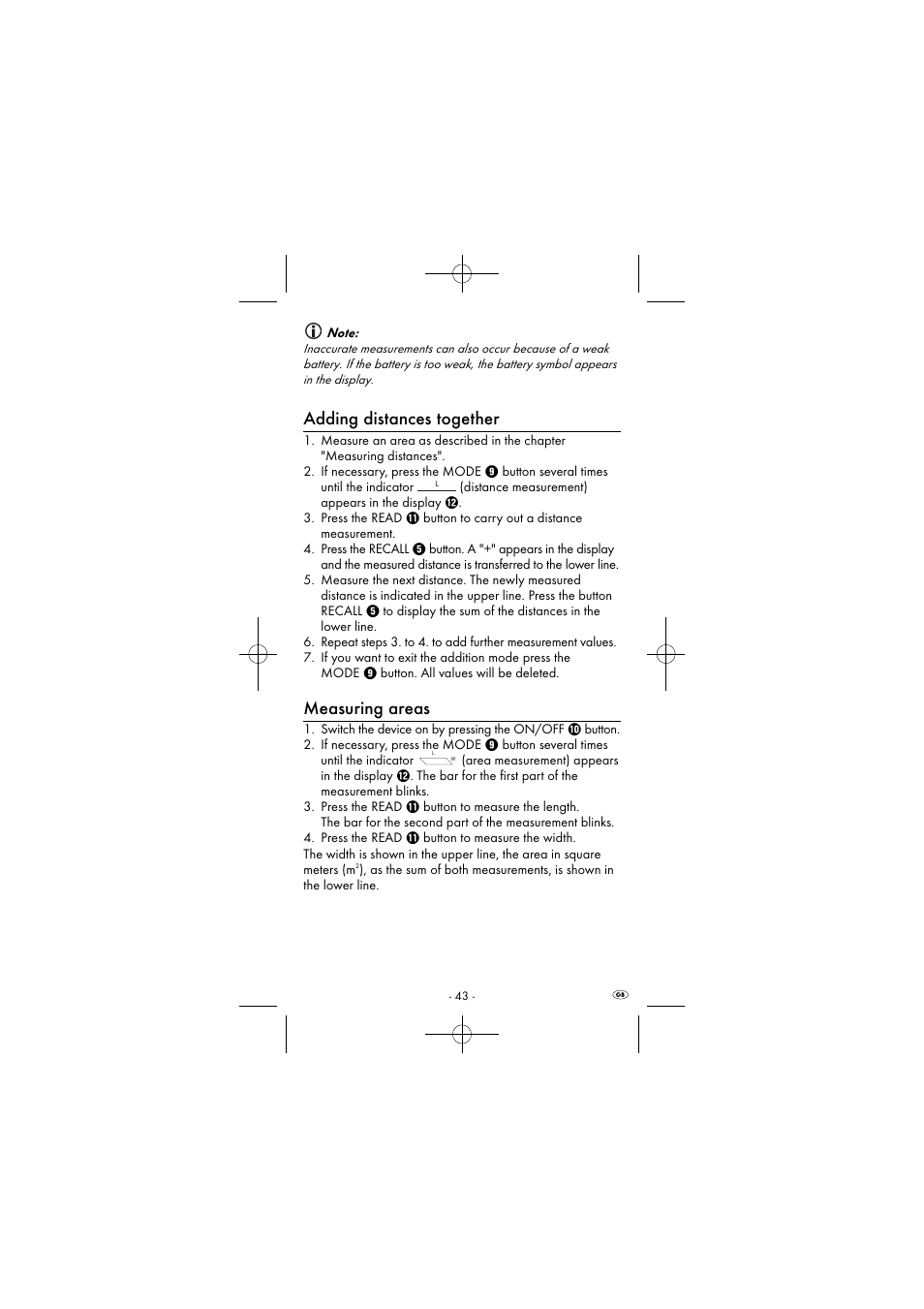 Adding distances together, Measuring areas | Powerfix KH 2927-1 User Manual | Page 46 / 51