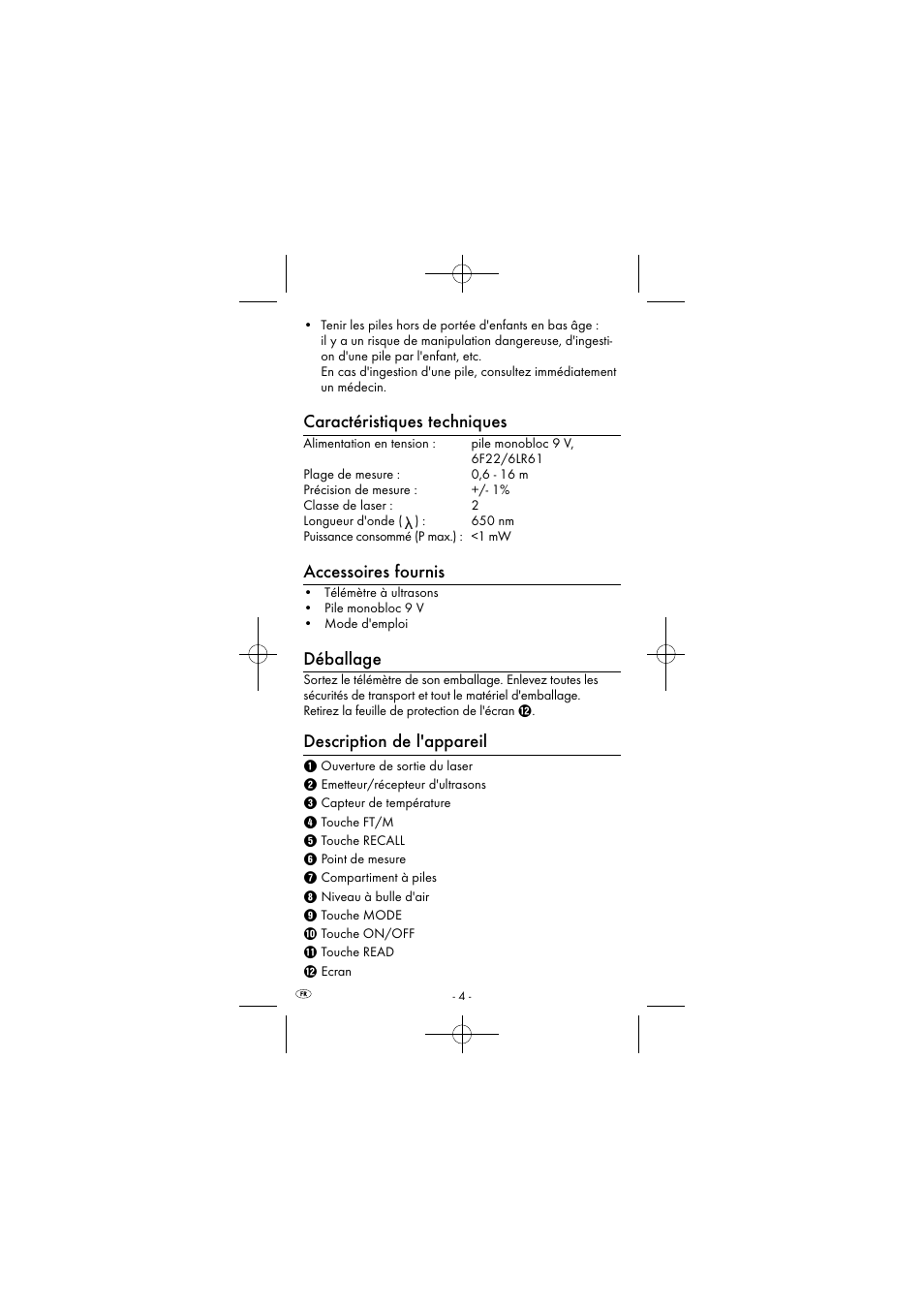 Caractéristiques techniques, Accessoires fournis, Déballage | Description de l'appareil | Powerfix KH 2927-1 User Manual | Page 7 / 51