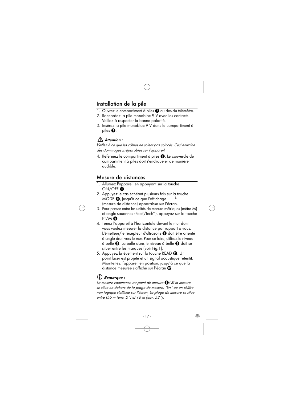 Installation de la pile, Mesure de distances | Powerfix KH 2927-1 User Manual | Page 20 / 63