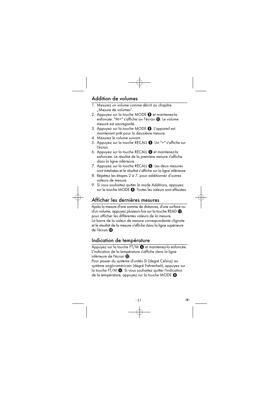 Addition de volumes, Afficher les dernières mesures, Indication de température | Powerfix KH 2927-1 User Manual | Page 24 / 63