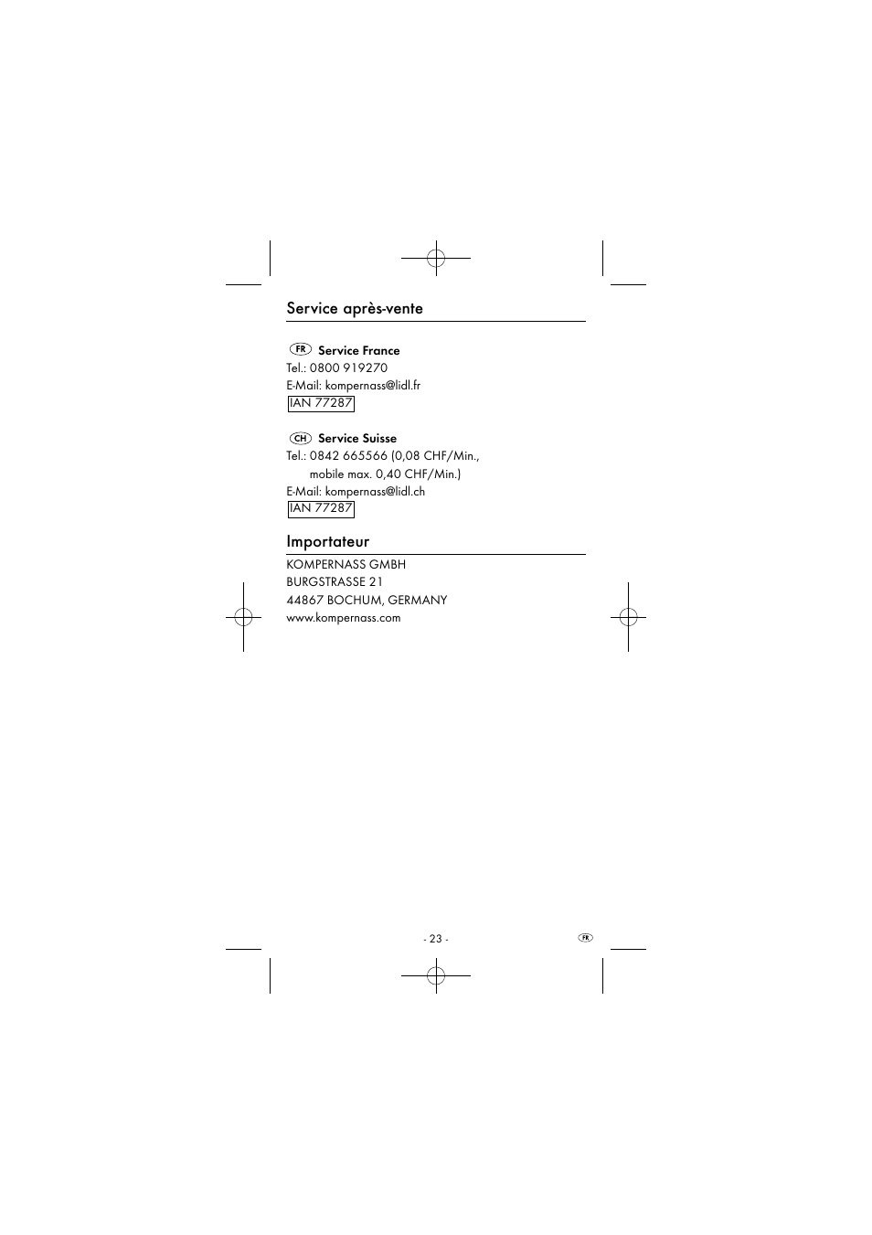 Service après-vente, Importateur | Powerfix KH 2927-1 User Manual | Page 26 / 63