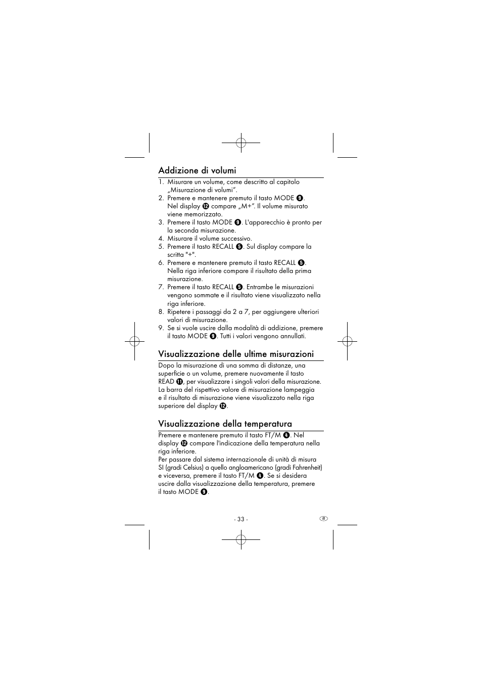 Addizione di volumi, Visualizzazione delle ultime misurazioni, Visualizzazione della temperatura | Powerfix KH 2927-1 User Manual | Page 36 / 63