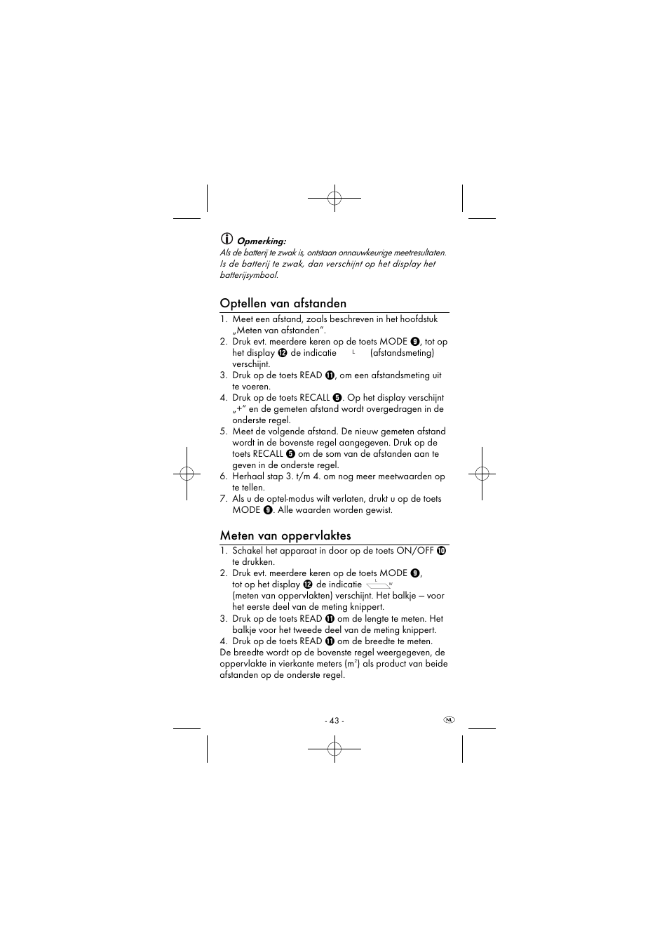 Optellen van afstanden, Meten van oppervlaktes | Powerfix KH 2927-1 User Manual | Page 46 / 63