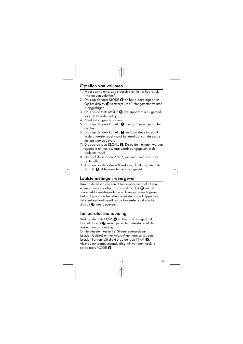 Optellen van volumen, Laatste metingen weergeven, Temperatuuraanduiding | Powerfix KH 2927-1 User Manual | Page 48 / 63