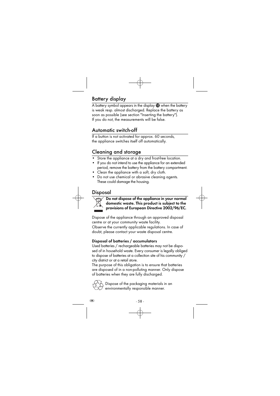 Battery display, Automatic switch-off, Cleaning and storage | Disposal | Powerfix KH 2927-1 User Manual | Page 61 / 63