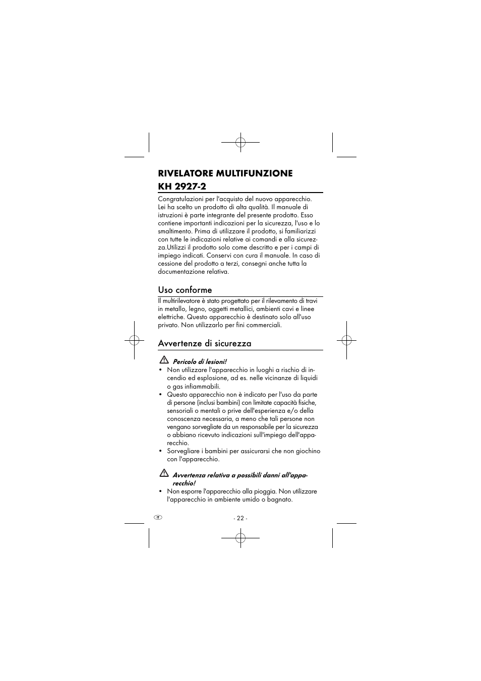 Uso conforme, Avvertenze di sicurezza | Powerfix KH 2927-2 User Manual | Page 25 / 53