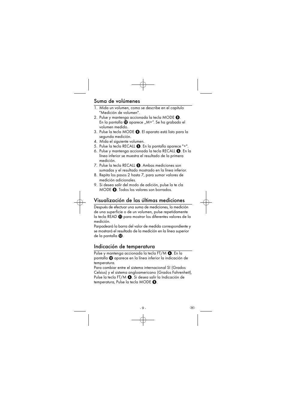 Suma de volúmenes, Visualización de las últimas mediciones, Indicación de temperatura | Powerfix KH 2927-1 User Manual | Page 12 / 52