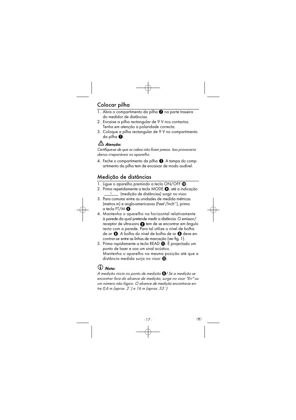 Colocar pilha, Medição de distâncias | Powerfix KH 2927-1 User Manual | Page 20 / 52
