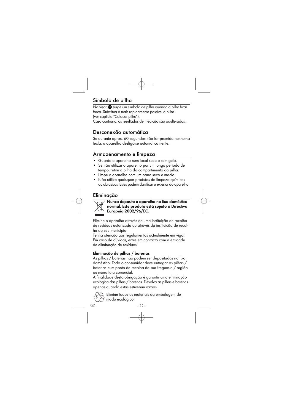 Símbolo de pilha, Desconexão automática, Armazenamento e limpeza | Eliminação | Powerfix KH 2927-1 User Manual | Page 25 / 52