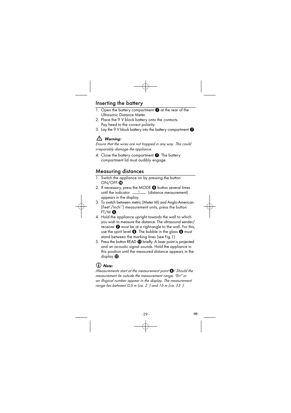 Inserting the battery, Measuring distances | Powerfix KH 2927-1 User Manual | Page 32 / 52