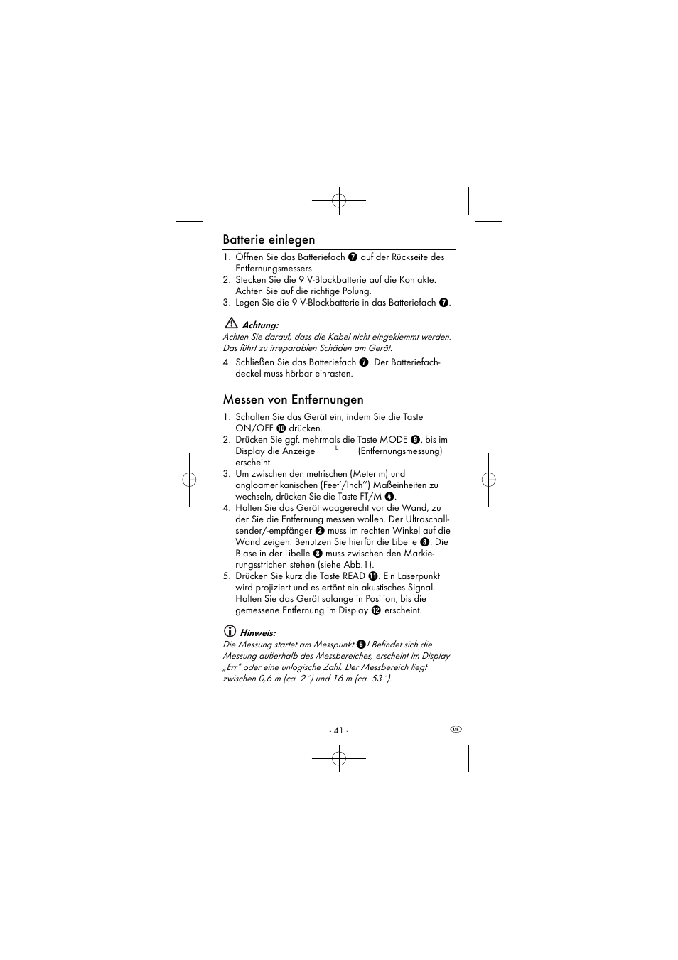 Batterie einlegen, Messen von entfernungen | Powerfix KH 2927-1 User Manual | Page 44 / 52