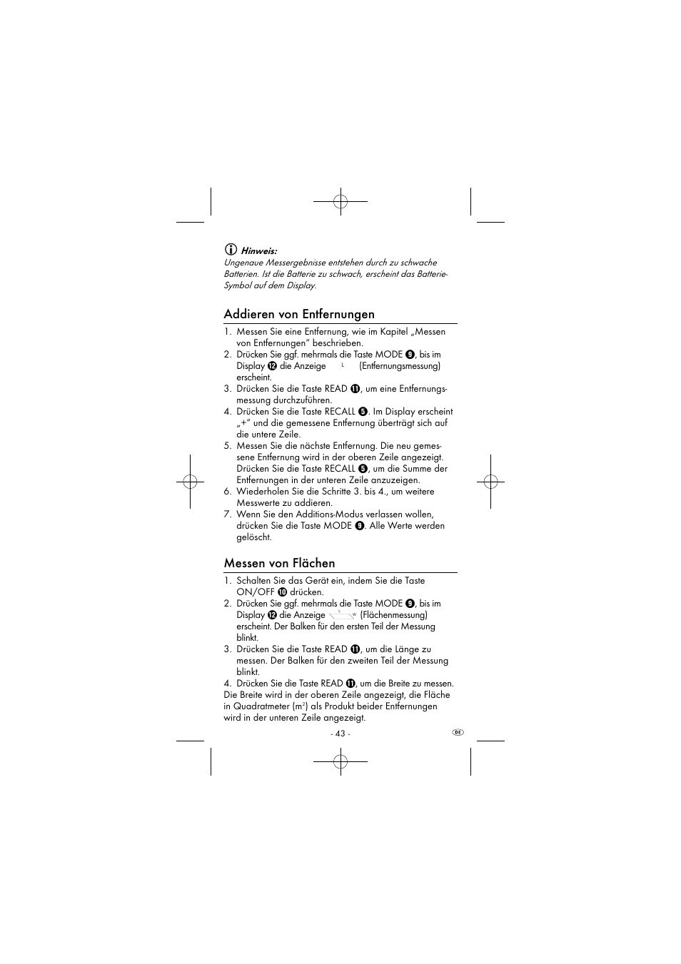 Addieren von entfernungen, Messen von flächen | Powerfix KH 2927-1 User Manual | Page 46 / 52