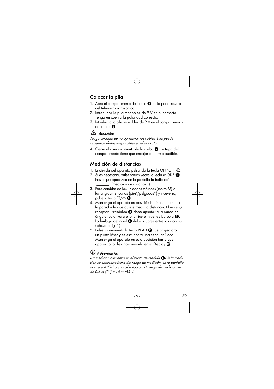 Colocar la pila, Medición de distancias | Powerfix KH 2927-1 User Manual | Page 8 / 52