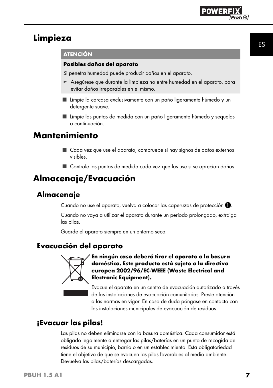 Limpieza, Mantenimiento, Almacenaje/evacuación | Almacenaje, Evacuación del aparato, Evacuar las pilas | Powerfix PBUH 1.5 A1 User Manual | Page 10 / 36