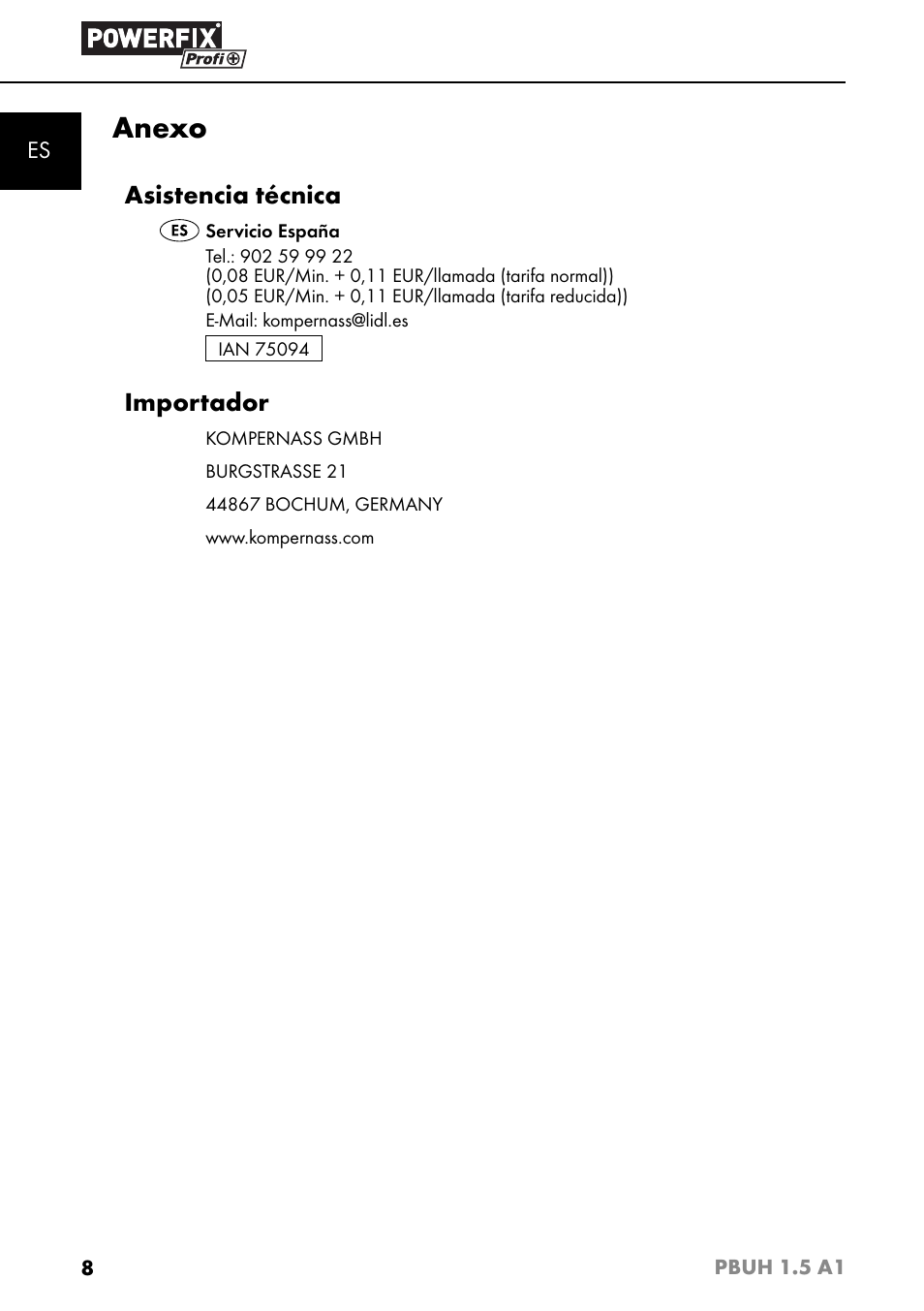 Anexo, Asistencia técnica, Importador | Powerfix PBUH 1.5 A1 User Manual | Page 11 / 36