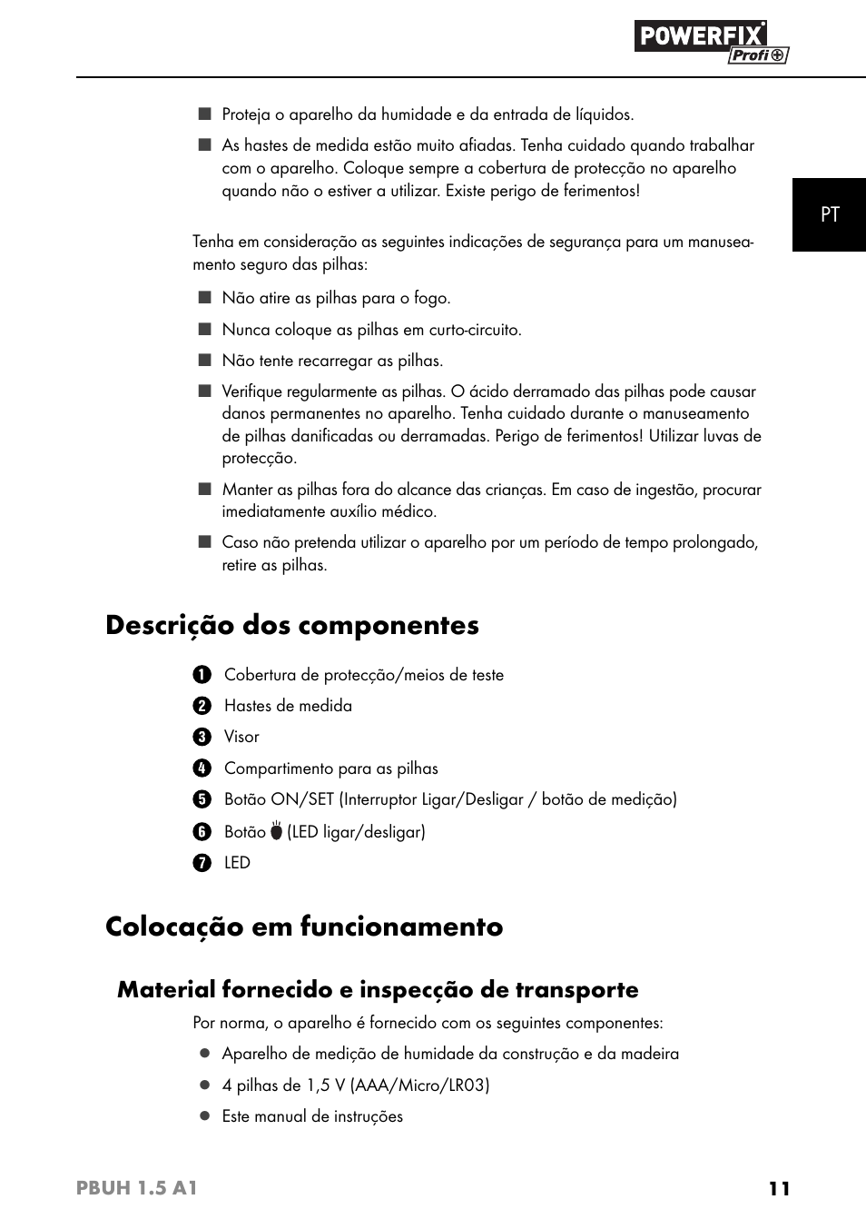 Descrição dos componentes, Colocação em funcionamento, Material fornecido e inspecção de transporte | Powerfix PBUH 1.5 A1 User Manual | Page 14 / 36