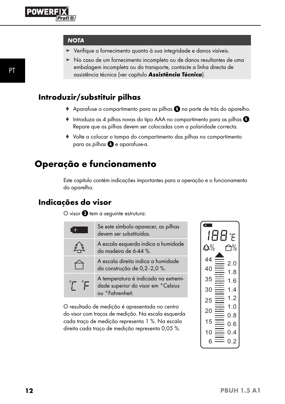 Operação e funcionamento, Introduzir/substituir pilhas, Indicações do visor | Powerfix PBUH 1.5 A1 User Manual | Page 15 / 36