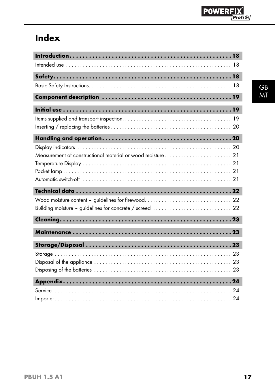 Index, Gb mt | Powerfix PBUH 1.5 A1 User Manual | Page 20 / 36